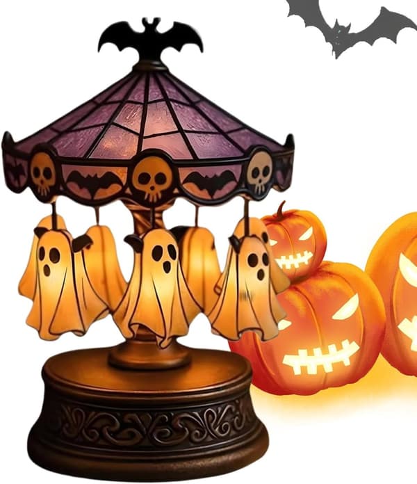 Halloween Ghost Carousel Lights, USB Rechargeable Floating Ghost Night Light, Spooky for Bedroom, Table Lamp