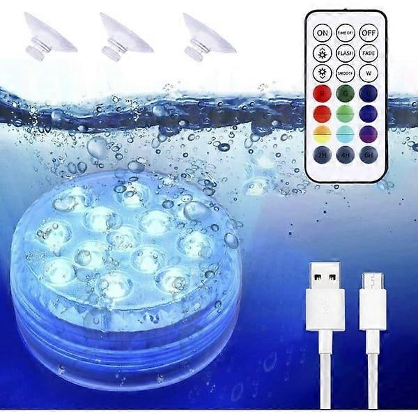 Undervattenspoolbelysning, USB-uppladdningsbar, Flerfärgad Rgb-13 Led med RF-fjärrkontroll{hh}