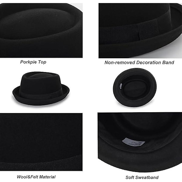 Herrhatt Platt Topp Porkpie Hatt Blower Hattar, Svart Ullhatt Med Band