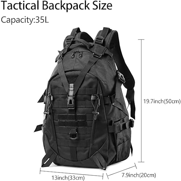 35L Taktisk Ryggsäck, Militär Ryggsäck, Vattentät Vandring Camping Cykling Reseryggsäck, Utomhusryggsäck för Män och Kvinnor{hh} Black