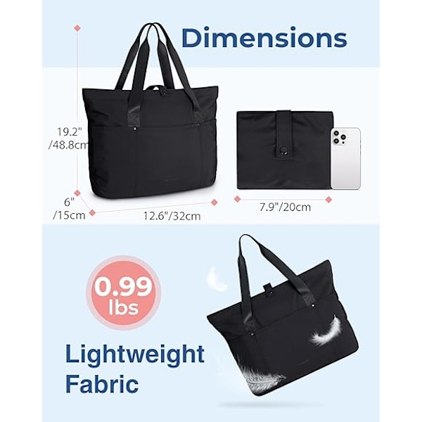 Tote Bag for Kvinner, Sammenleggbar Tote Bag med Glidelås Stor Skulderveske Topphåndtak Håndveske for Reise, Arbeid