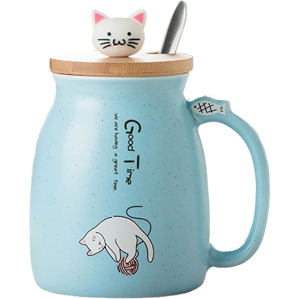 Frukostmugg Present till Vänner Katt Kaffemugg Kanin Tekopp med Lock och Sked Blue