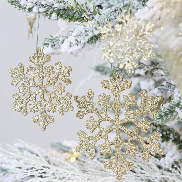 Plast julglitter snöflinga ornament julgransdekorationer, 4 tum, set med 36 Gold