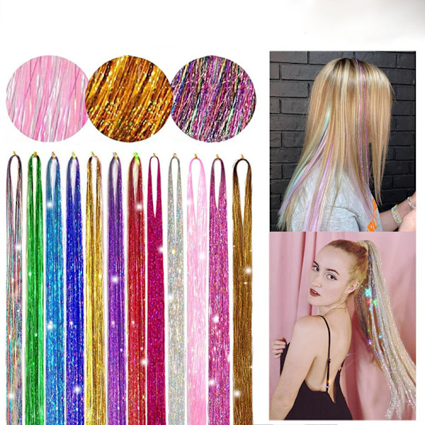 Glitter Tinsel Hår Extensions med Verktøy 12 Farger