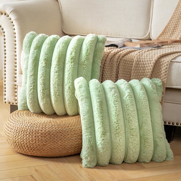Plush Plysch Kuddfodral 16x16 Tum Set om 2 - Lyxiga Dekorativa Fuzzy Randiga Mjuka Bekväma Kuddfodral för Soffa, Soffgrupp, Vardagsrum - Grön