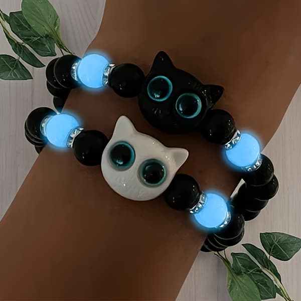 2 stk. Elastiske pararmbånd med kattehode, glødende, justerbare smykker 【Multi Color】