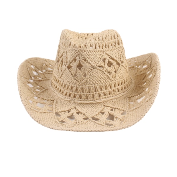 Cowboyhat i strå med bred skygge og hulmønster {hh} Beige