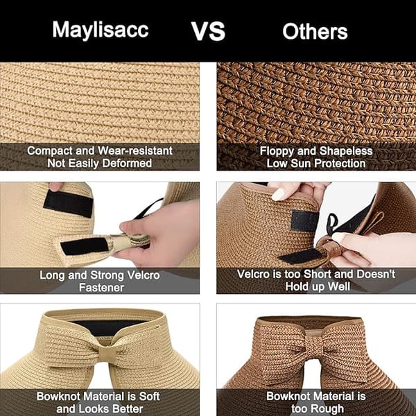 Sammenfoldelig stråsolhat med bred skygge til kvinder, sommerstrand, off-shoulder solbeskyttelse, beige