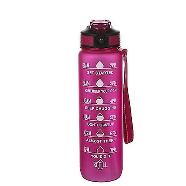 32-34 oz motiverande vattenflaska med tidsmarkeringar, halm, läckagesäkert tritanlock, BPA-fri rose Red 1000ml PC
