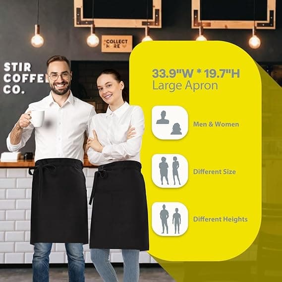 Vanntett forkle med lommer for midjen, 3 lommer, 50 cm langt bistro-halvforkle for kvinner, menn, servitører, servitriser, servering, svart
