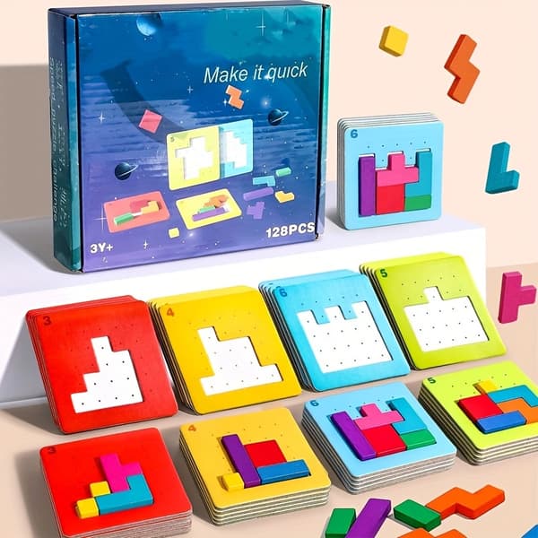Puslespilskampsæt 20 kort 128 klodser, 3D-former Flere spillemetoder Børns kognitive forbedring - Velegnet til daglig brug Tabletop Game Battle