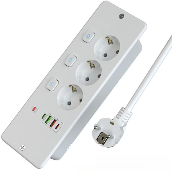Uttrekkbar skrivebordsstrømskinne med 3 AC-uttak, USB-C og 4 USB-porter, hurtiglading white