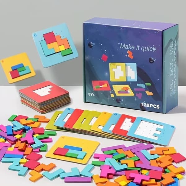 Puslespilskampsæt 20 kort 128 klodser, 3D-former Flere spillemetoder Børns kognitive forbedring - Velegnet til daglig brug Tabletop Game Battle
