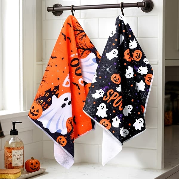 2-pack Halloween kökshanddukar med spöke- och pumpatryck, mjuka absorberande disktrasor för matlagning och bakning 2pcs