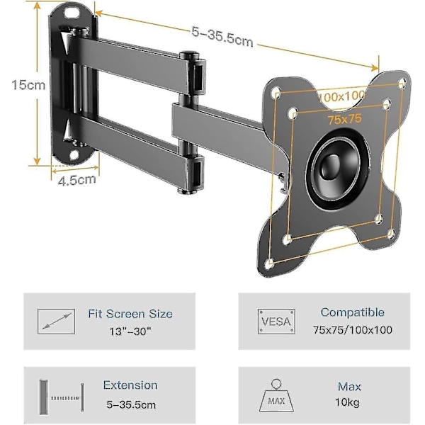 TV-seinäteline kääntyvä kallistettava jatkettava, täysin liikkuva TV-seinäteline useimmille 13-30 tuuman litteille kaareville televisioille Vesa 100x100mm/75x75mm{HH}