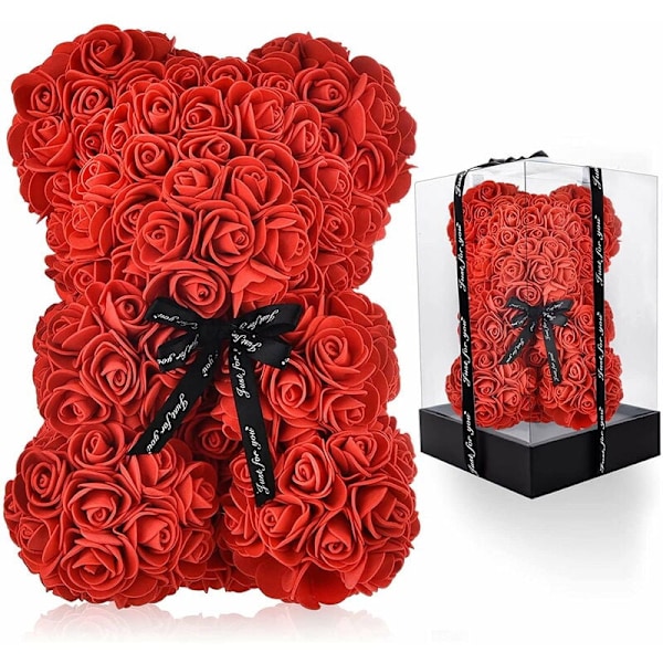 Madara Rosbjörn med Låda 25 cm, Alla hjärtans dag-present till henne, Röd Konstgjord Blomsterbjörn, Present till Mormor, Mamma, Mors dag, Födelsedag