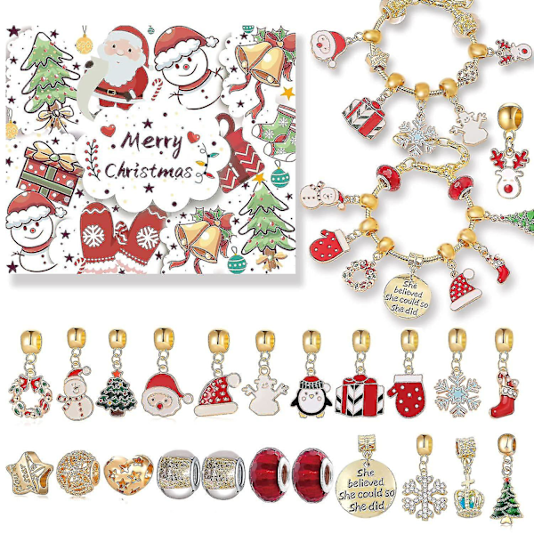 Adventskalender Blind Box 24 Dages Adventskalender til Smykkefremstilling 22 Forskellige Charm Perler 2 Armbånd til Børn Voksne