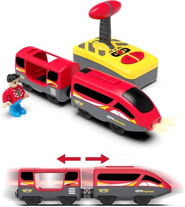 Motorized Train for Wooden Railway, Remote Control Train with Magnetic Coupling, for Toddlers, Compatible with Thomas, Brio, Red