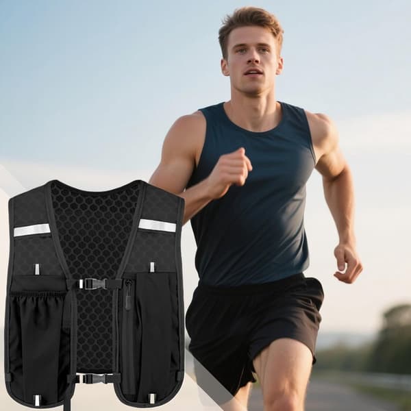 Lightweight Running Vest with Hydration Bladder and Phone Holder, Reflective, Black