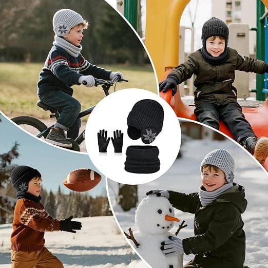 Vinter sæt til børn, strikket hue, halstørklæde, handsker med pomponer, beanie, halsvarmer til drenge og piger 3-10 år, sort 16x18cm