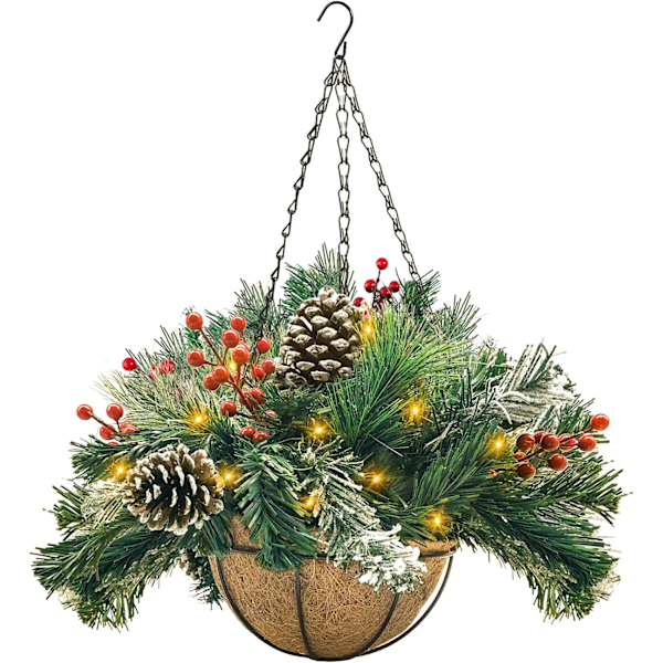 Artificial Christmas hanging basket, decorated with frosted pine cones, berries