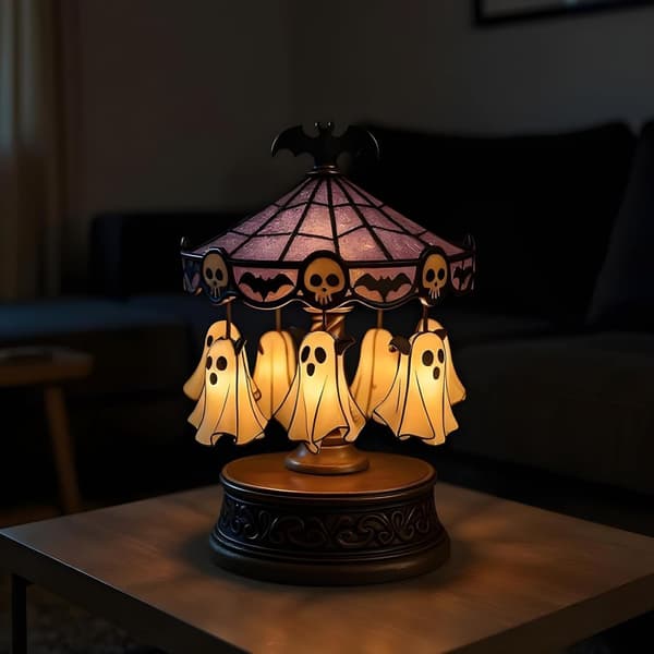 Halloween Ghost Carousel Lights, USB Rechargeable Floating Ghost Night Light, Spooky for Bedroom, Table Lamp