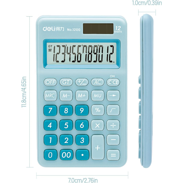 Standard Funktionel Basisregnemaskine, 12-cifret Skrivebordsregnemaskine med Stor LCD-skærm, Solcelle Batteri Dobbelt Strøm Kontorregnemaskine, Blå