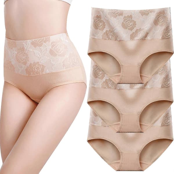 3-pack bomullstrosor med hög midja, magkontroll, damtrosor med rosjacquard L L khaki-3pcs