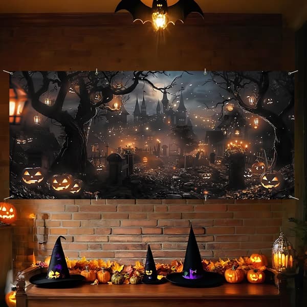6x13FT Halloween Garageport Banner – Haunted Path with Lanterns Moon & Bats BNM127