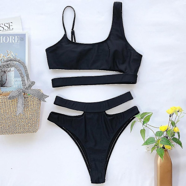 Dame Polstret Bandage Badetøj Bikini Sæt Strand Badedragt Udhulet Sort Black M
