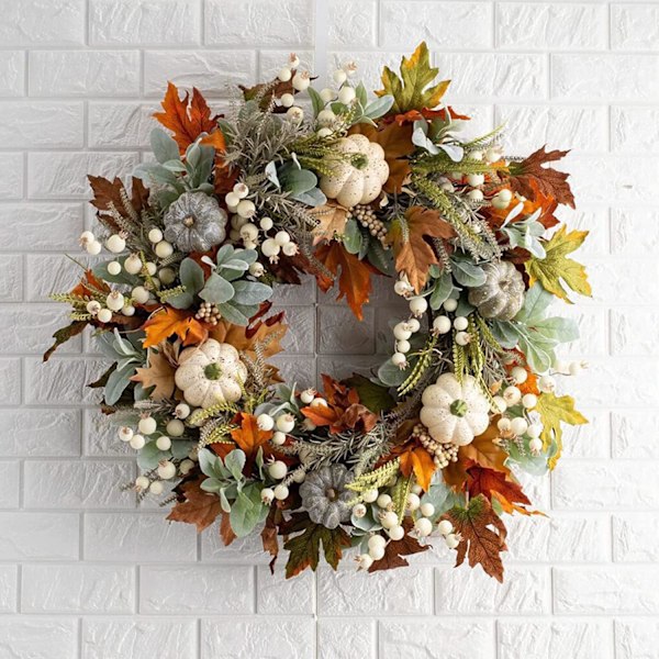 Efterårsdørkrans Flettet ramme med græskar, bær, kogle og ahornblad til Halloween Thanksgiving 35cm