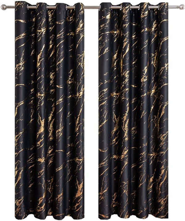 Mørklægningsgardiner 2 paneler Guld Marmorprint med ringe Termisk isolerede vinduesgardiner (100*250cm)