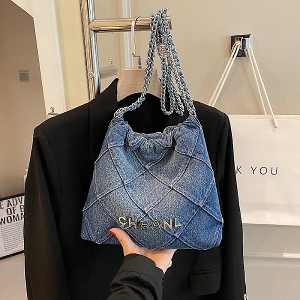 Handväska Märkesdesigner Denim Pläd Quiltad Dam Axelväska Casual Kedja Crossbody Väska Hinkväska