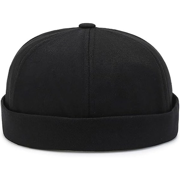 Hat kasket uden skygge til mænd og kvinder, beanie, arbejder sømandskasket, rullet kant, retro, justerbar (sort)