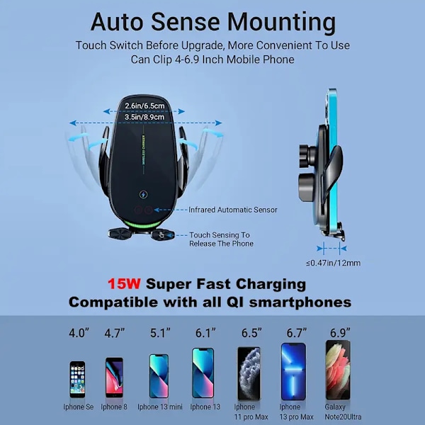 Trådløs billader telefonholder, hurtiglading holder automatisk klemming 15W Smart Dual Control billader for iPhone og Samsung