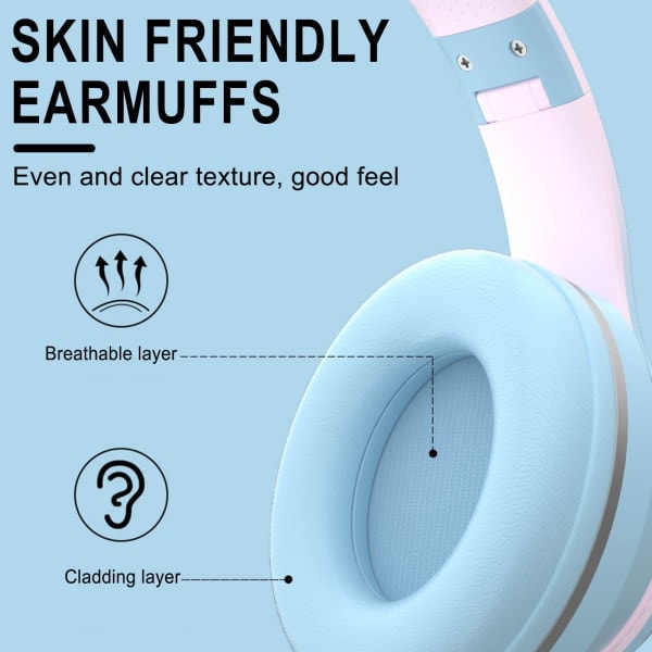 Trådlösa Bluetooth-hörlurar för barn med kattöron, RGB-belysning, hopfällbara, med mikrofon och volymkontroll för flickor Purple
