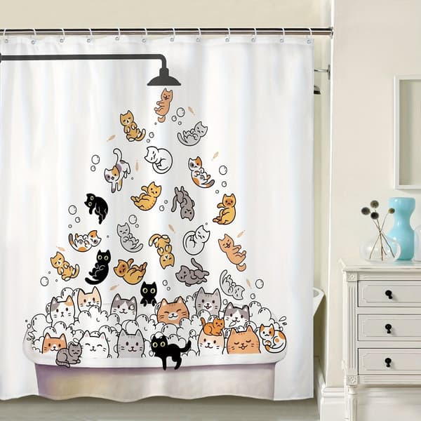 Rolig katt duschdraperi 180x200cm tecknad design vattentät polyester badrum Kleurrijk