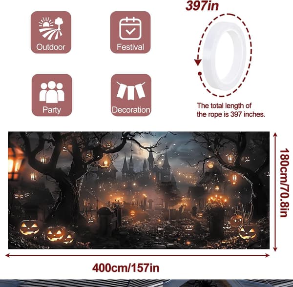 6x13FT Halloween Garageport Banner – Haunted Path with Lanterns Moon & Bats BNM127
