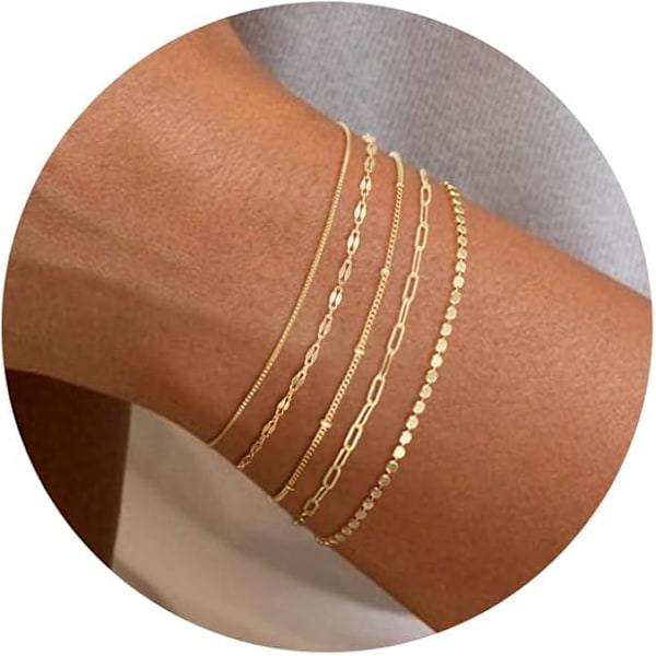 Gold Bracelets For Women, 14K Thin Gold Plated Stackable Bracelets For Women Trendy Gold Bracelet Stackable Set Waterproof Chain