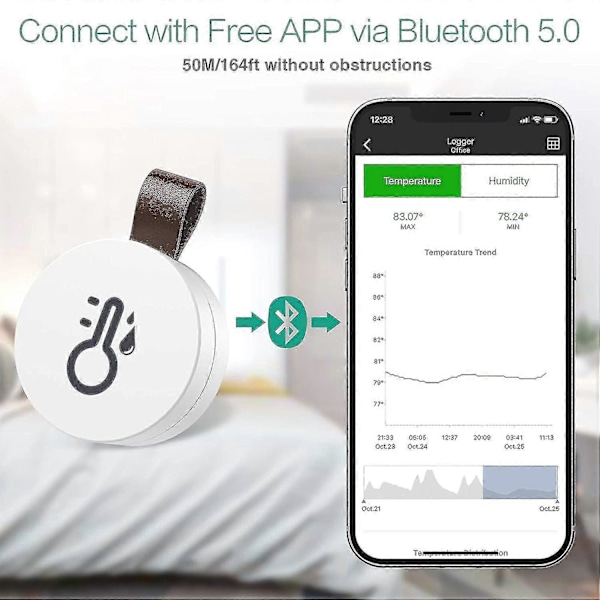 Trådlös termometer hygrometer, Oria Mini Bluetooth 5.0 fuktighetstemperatursensor med dataexport och alarm