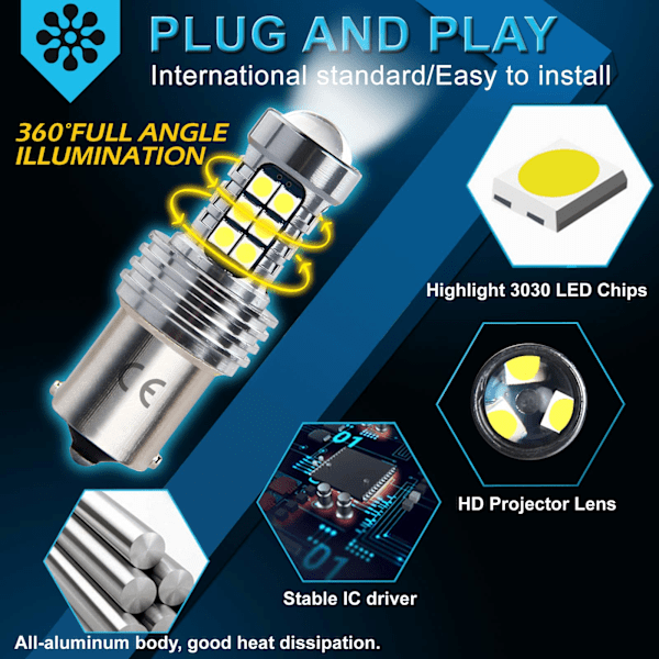 1156 P21w Ba15s 12v-24v 2 stk. LED billys, 1200 lumen hvid 6500K