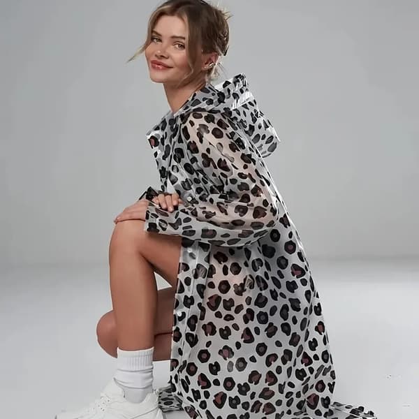 EVA Leopardmönstrad Regnkappa - Lättvikts Bärbar Justerbar Huva Sidfickor Mode Regnkläder för Alla Årstider Dark Brown-1