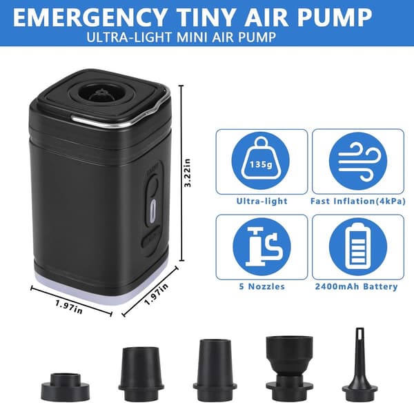 Genopladelig elektrisk luftpumpe 2400mAh - Bærbar oppuster/aftapper med 5 dyser - til poolflåder, luftmadrasser, camping - USB-C Sort