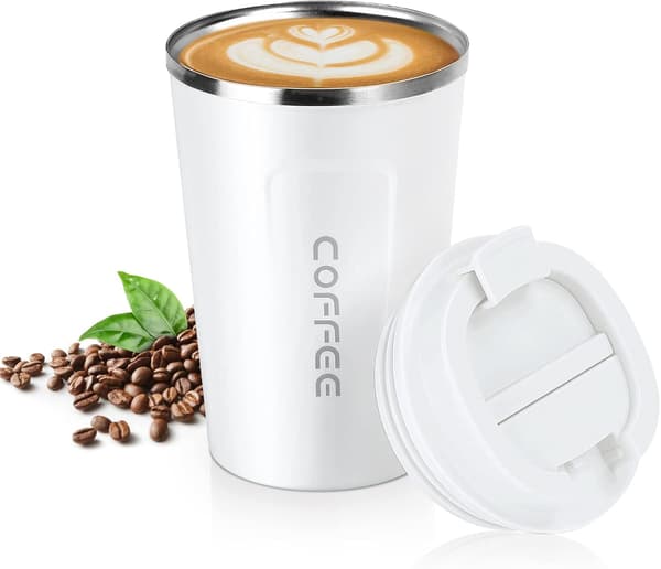 Premium reisekrus i rustfritt stål for kaffe og te, isolert termoskopp 380 ml, hvit