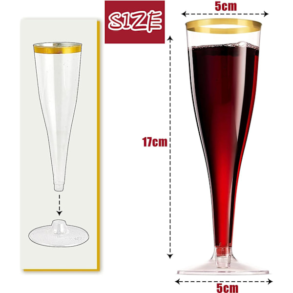 50 st Champagneglas med Guldkanter 150ml, Återanvändbara Champagneglas med Fot för Trädgårdsbröllop, Födelsedagsfester, Duschfester (5 x 17cm)