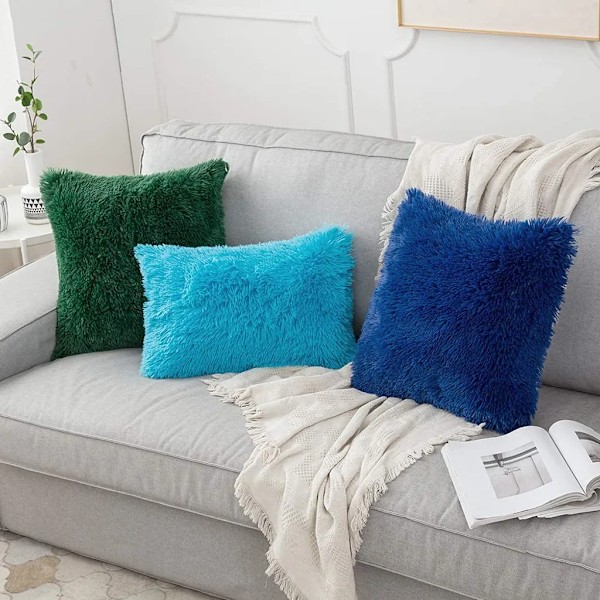 Set med 2 Ljusblå Fuskpäls Kuddfodral, 43x43CM, Supermjuka Dekorativa Prydnadskuddar för Soffa