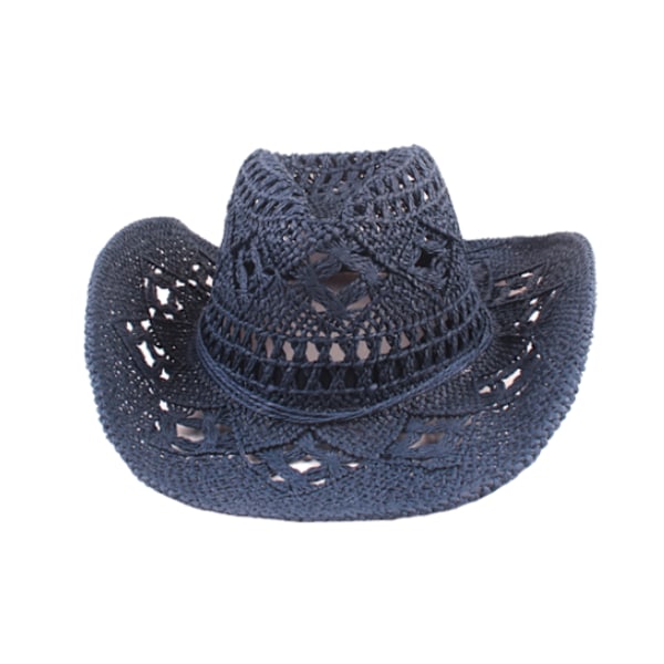 Cowboyhat i strå med bred skygge og hulmønster {hh} Navy