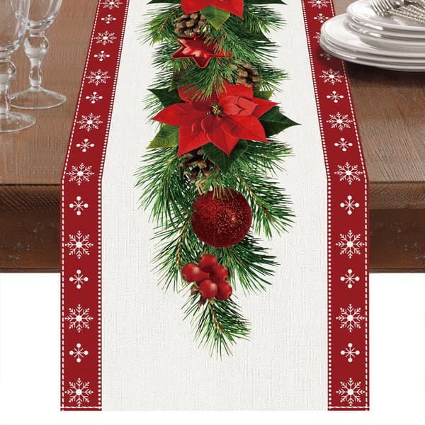 Julebordløper Rød Lin Julemiddagsbord Dekor Midtstykke 33x229 cm