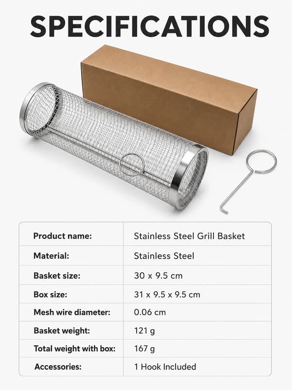 BBQ-grillkurv i rustfrit stål, rullende grillbur med krog, 30 cm 30cm