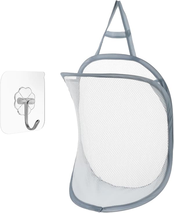 Foldbar Vasketøjskurv 29,5x40cm Mesh Bred Åbning Åndbar Opbevaringspose Med Selvklæbende Krog Grå